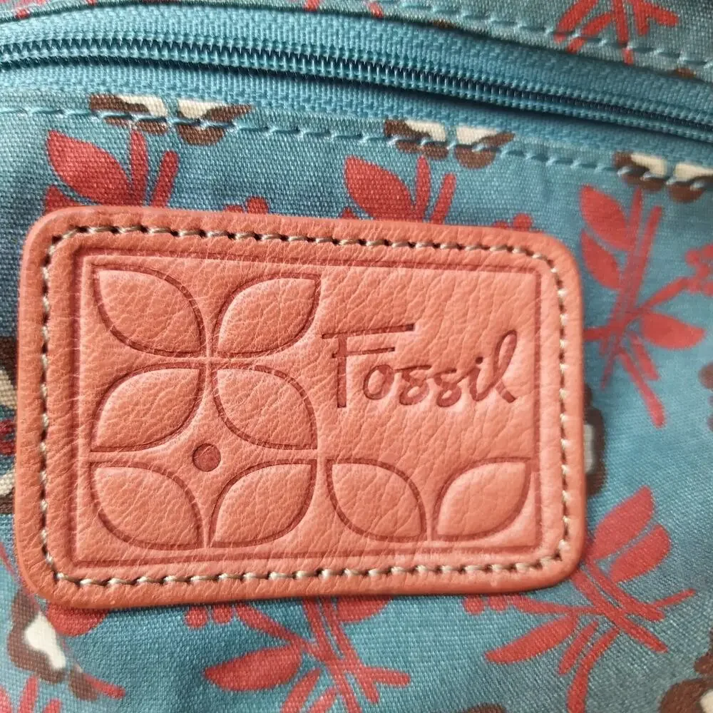 Fossil Orange Leather Floral Double Handles Zipper Closure Satchel Shoulder Bag